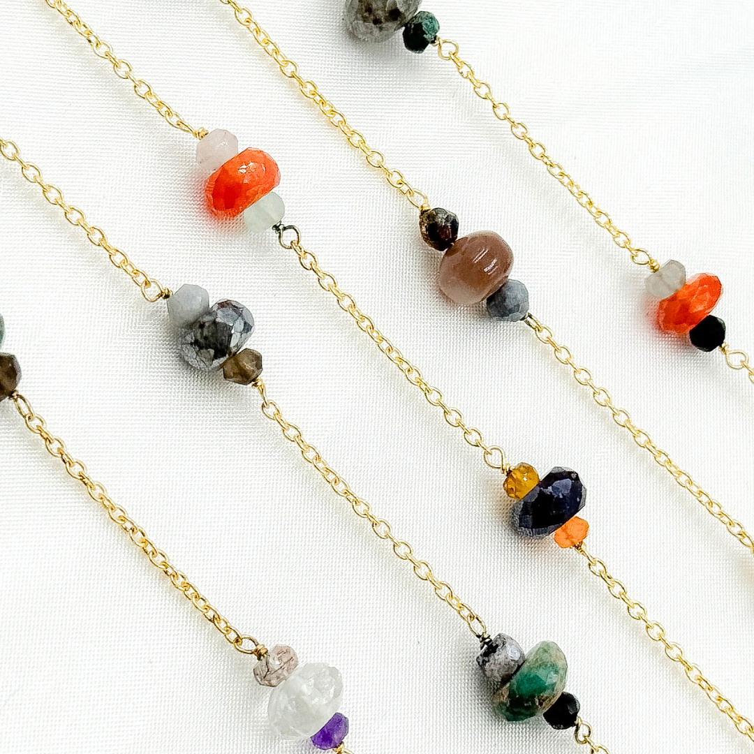 Multi Gemstone Gold Plated Connected Wire Chain.