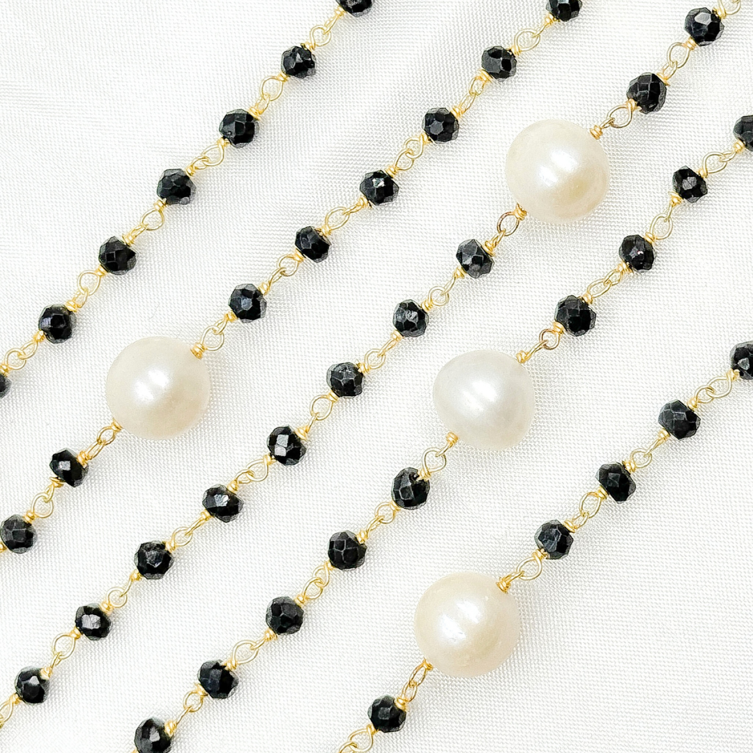 Black Spinel & Pearl Gold Plated 925 Sterling Silver Wire Chain. BSP59