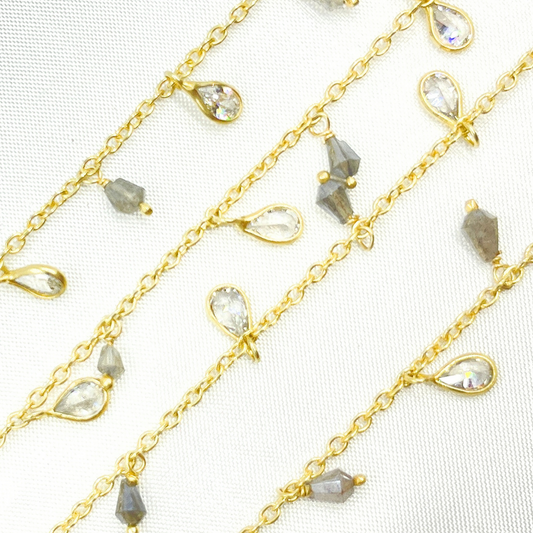 Coated Labradorite Drop & CZ Pear Shape Dangle Gold Plated Wire Chain