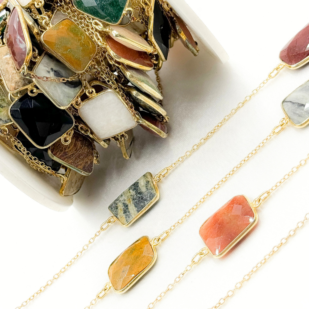 Multi Agate Rectangular Shape Bezel Gold Plated Connected Wire Chain