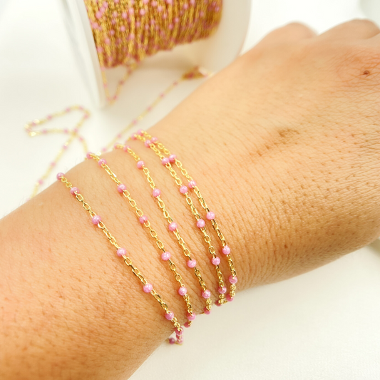 Gold Plated Sterling Silver Enamel Rose Color Cable Chain