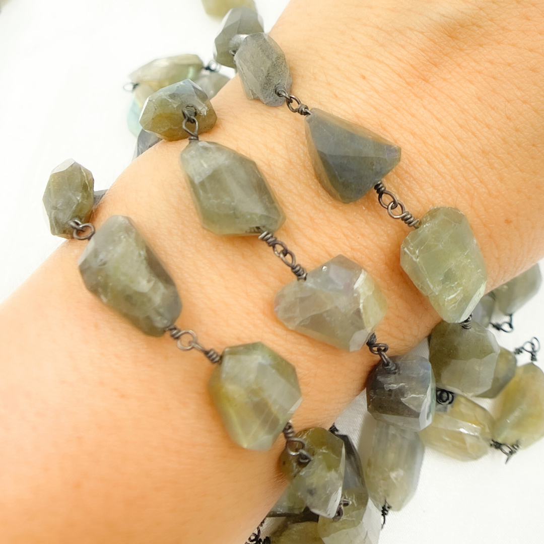 Labradorite Organic Shape Oxidized Wire Chain. LAB95
