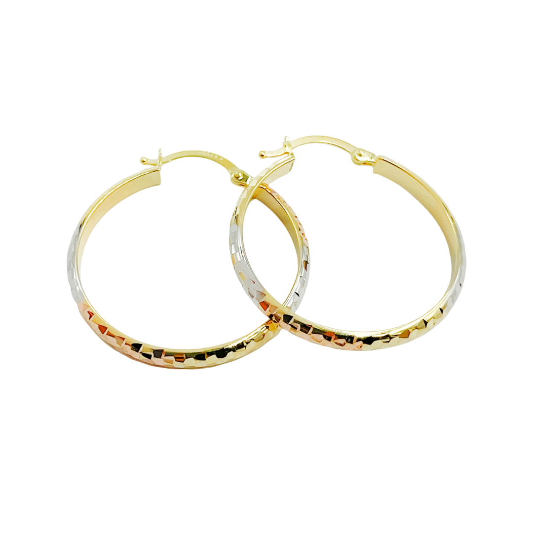 14K Gold Diamond Cut Tri-Color Hoop Earrings. 