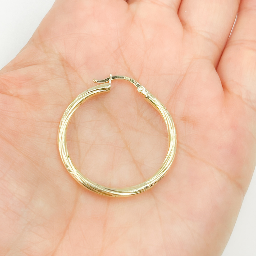 14K Gold Hoop Earrings with Engraved Tornado Design.