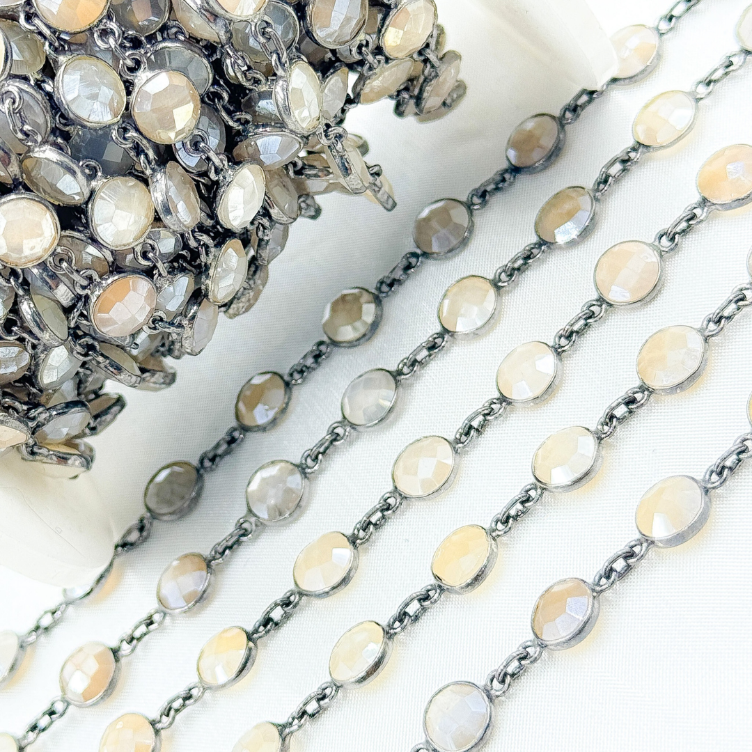 Coated White Moonstone Round Shape Bezel Oxidized Wire Chain.