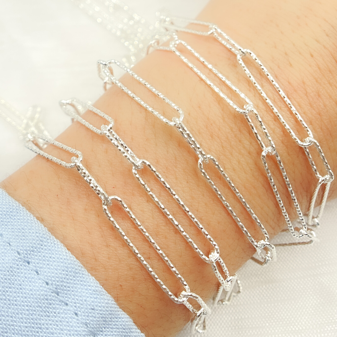 925 Sterling Silver Hammered Paperclip Link Chain. 