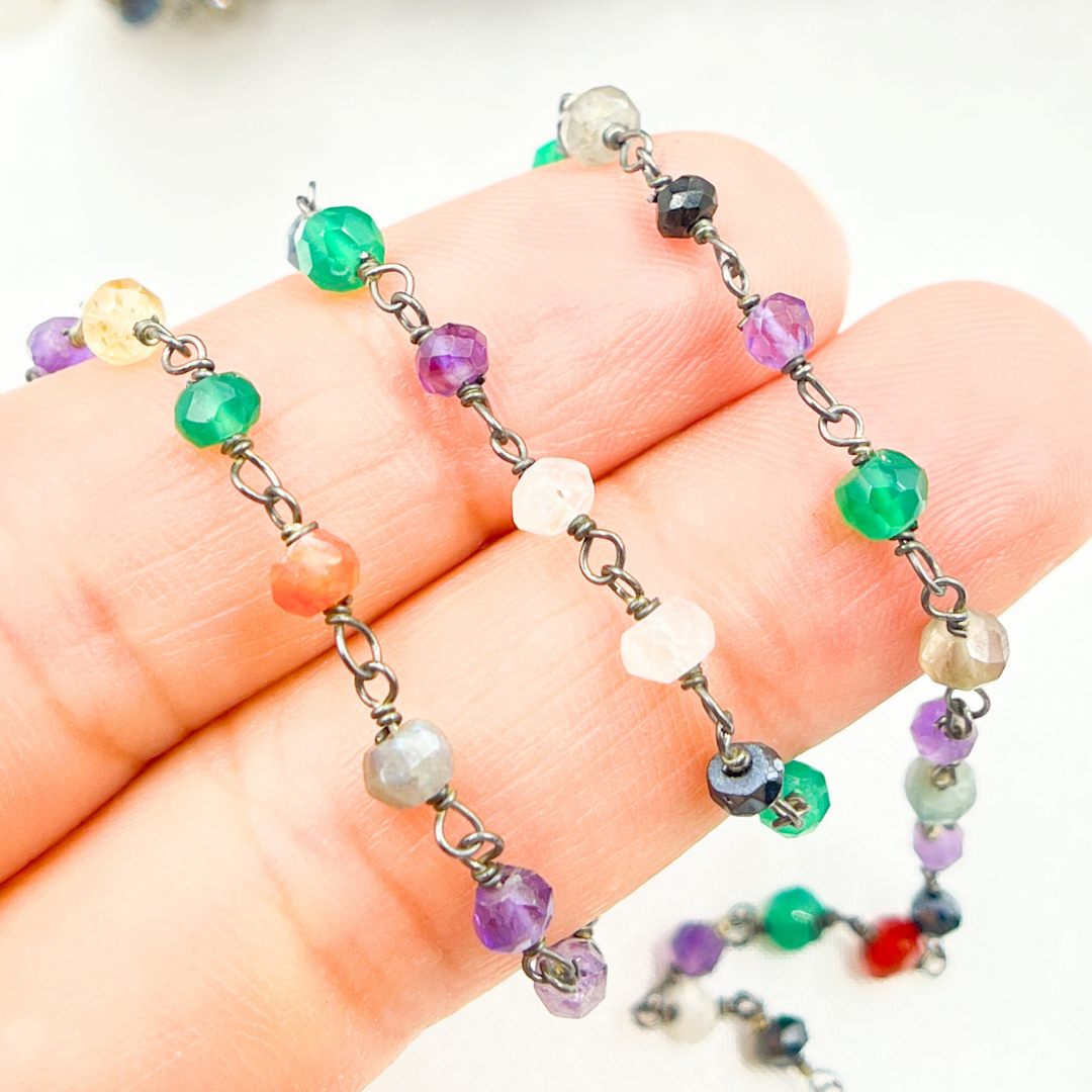 Multi Gemstone Oxidized Wire Chain.