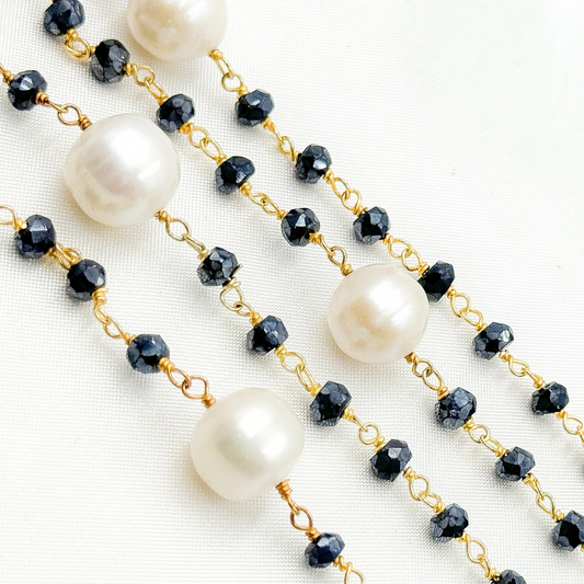Coated Black Spinel & Pearl Gold Plated Wire Chain.