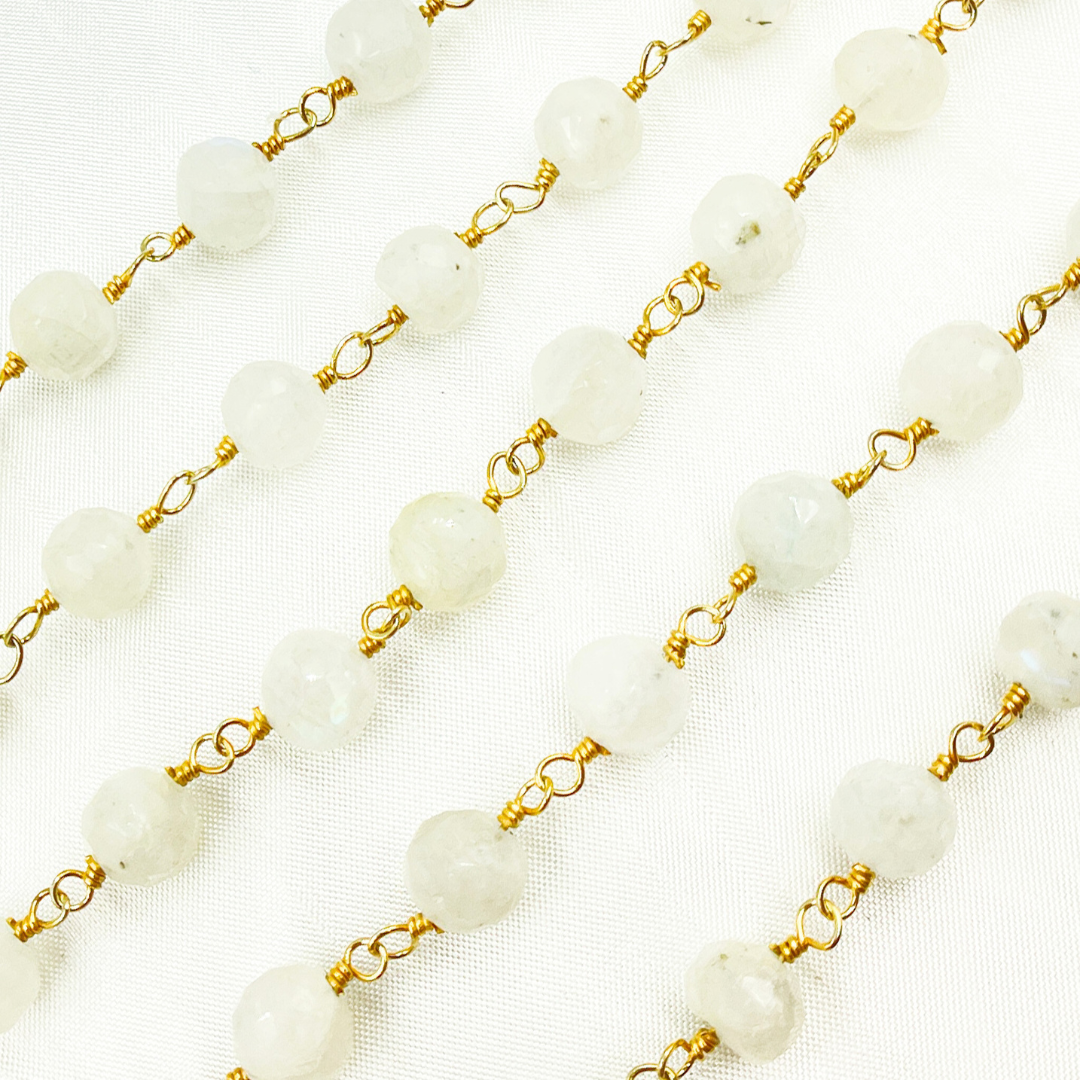 White Rainbow Round Moonstone Gold Plated Wire Chain. MS51