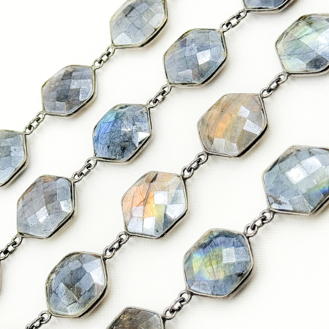 Coated Labradorite Hexagon Shape Bezel Oxidized Wire Chain