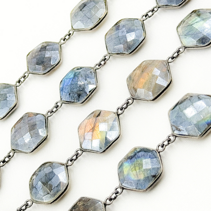 Coated Labradorite Hexagon Shape Bezel Oxidized Wire Chain