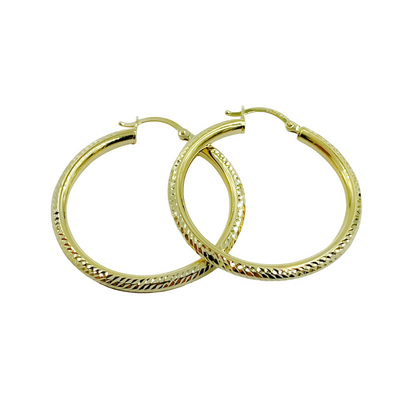 14K Gold Hoop Earrings with Engraved Tornado Design.