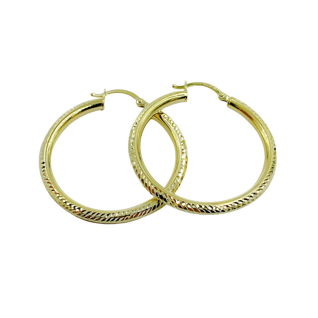 14K Gold Hoop Earrings with Engraved Tornado Design.
