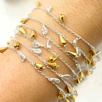 Golden Pyrite Drop & CZ Pear Shape Dangle 925 Sterling Silver Wire Chain. PYR29