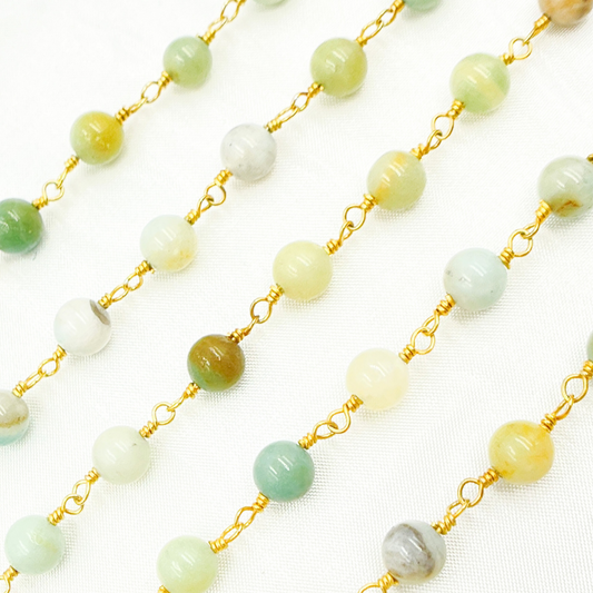 Peruvian Opal Smooth Round Shape Gold Plated Wire Chain
