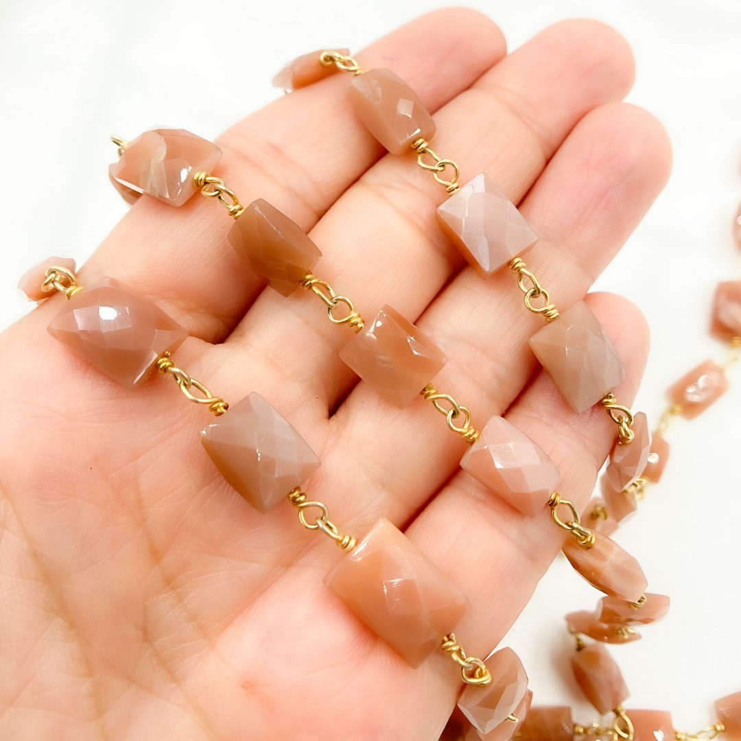 Peach Moonstone Rectangular Shape Gold Plated Wire Chain. MS42