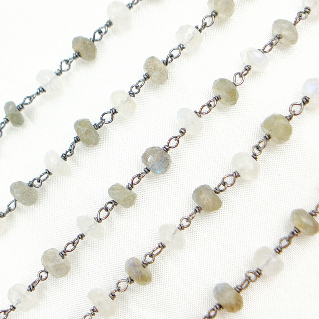 Labradorite & White Rainbow Moonstone Oxidized Wire Chain.