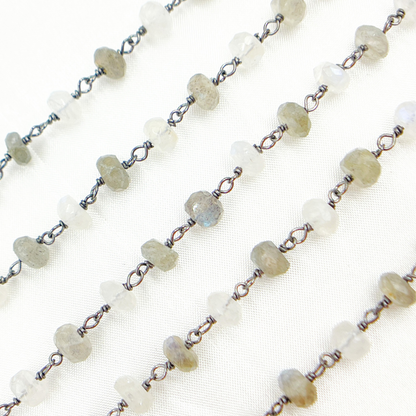 Labradorite & White Rainbow Moonstone Oxidized Wire Chain.