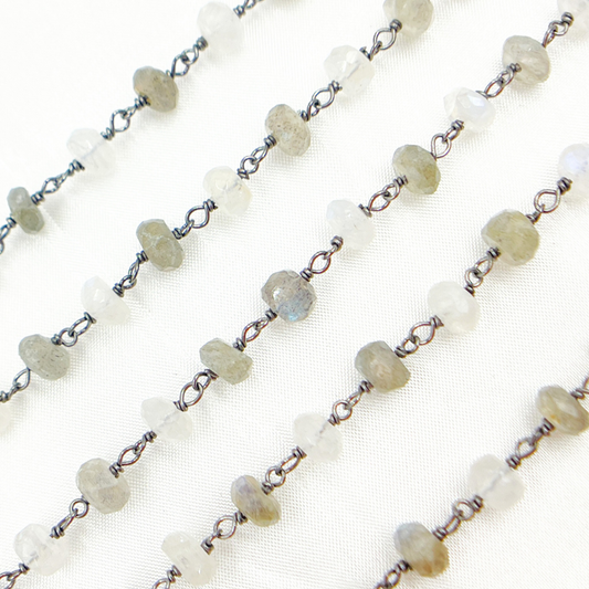 Labradorite & White Rainbow Moonstone Oxidized Wire Chain.