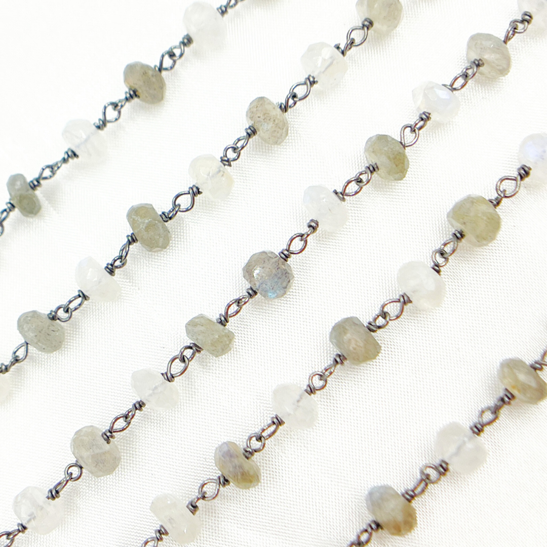 Labradorite & White Rainbow Moonstone Oxidized Wire Chain. LMS4