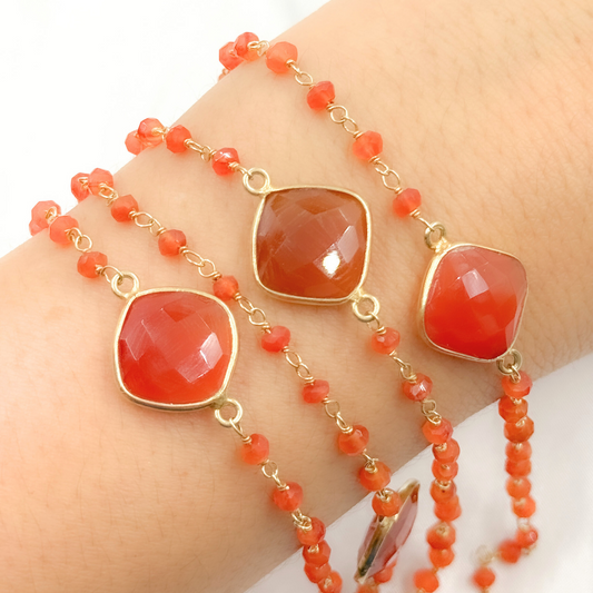 Carnelian Organic Shape Bezel Gold Plated Connected Wire Chain