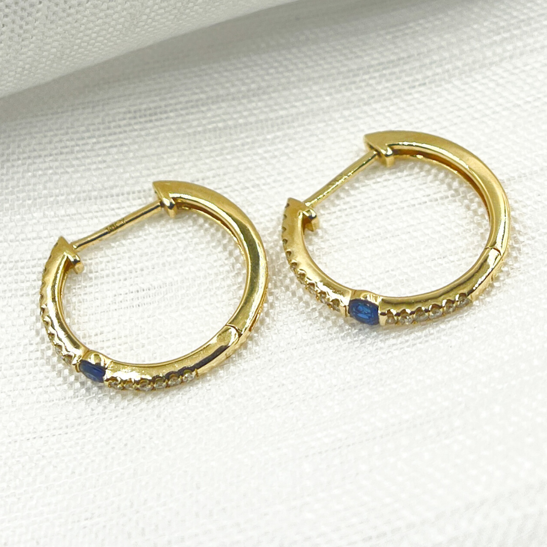 14K Solid Gold Diamond & Blue Sapphire Hoop Earrings
