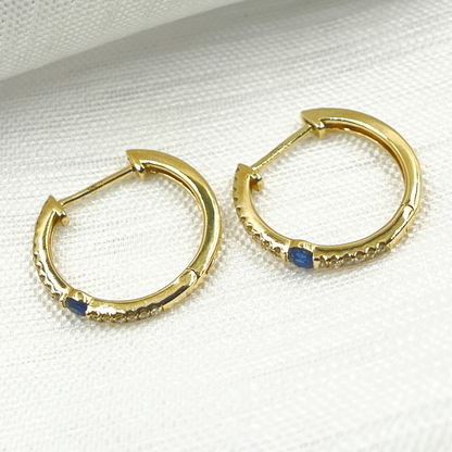 14K Solid Gold Diamond & Blue Sapphire Hoop Earrings