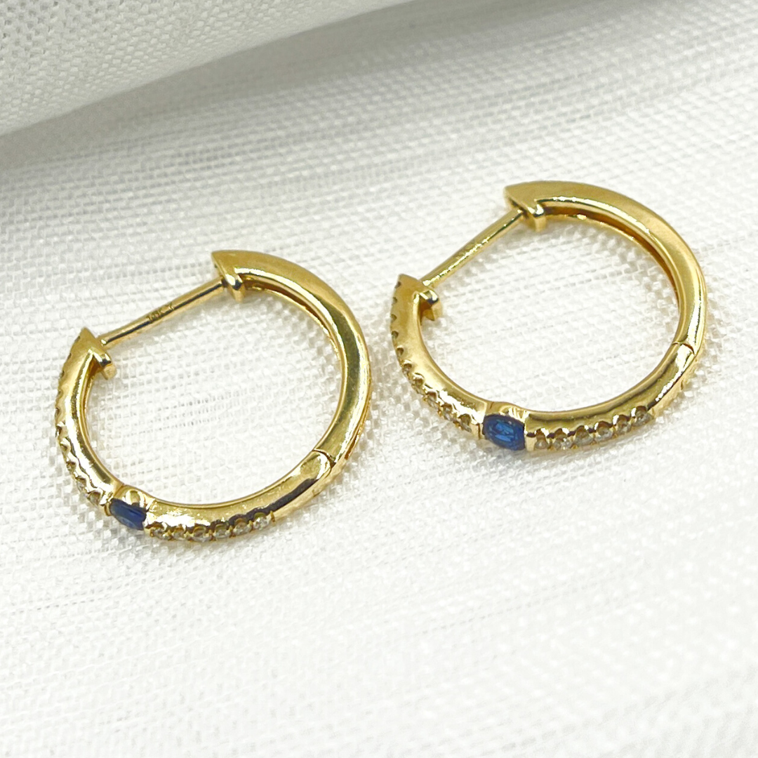 EHC56664. 14K Solid Gold Diamond & Blue Sapphire Hoop Earrings