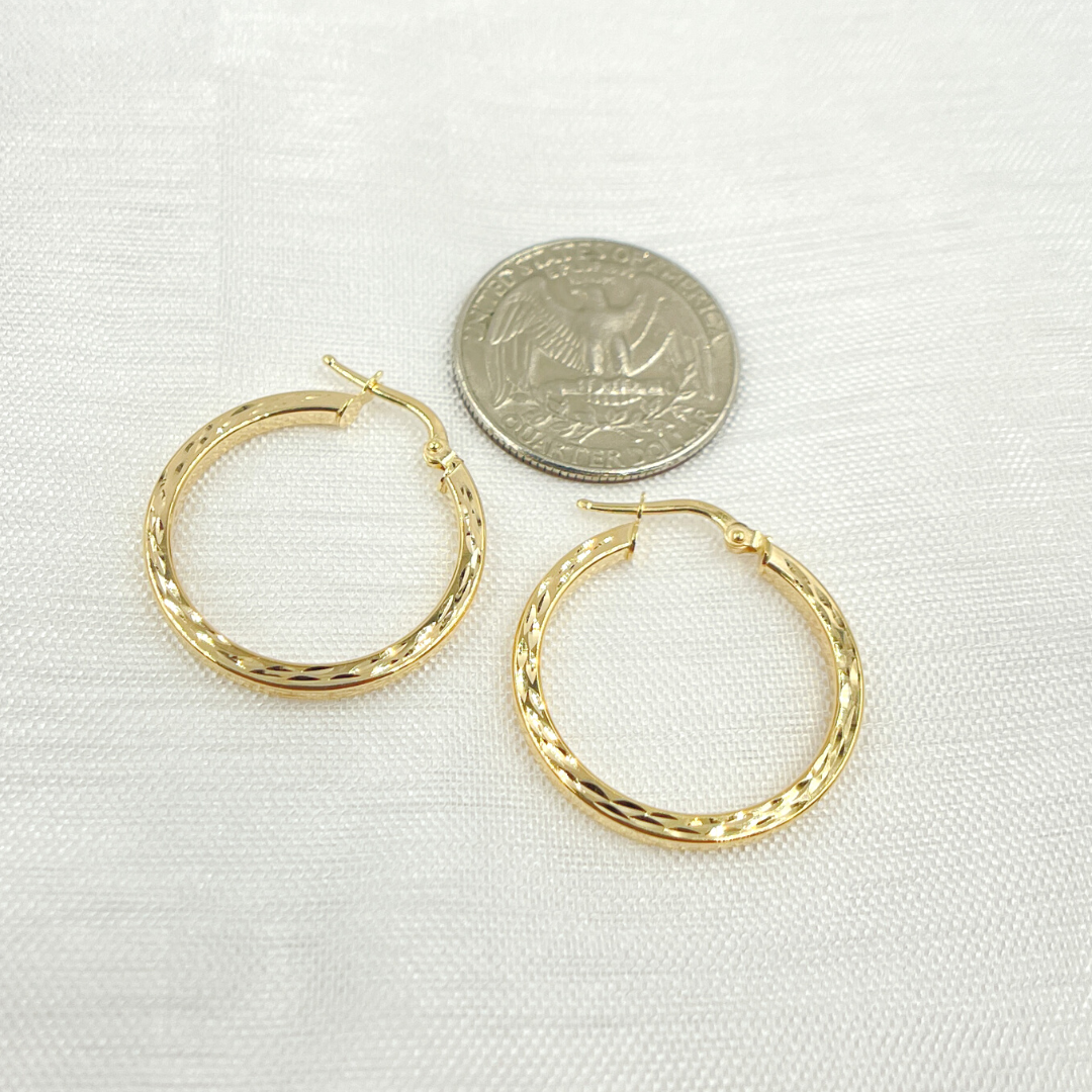 14K Solid Gold Hollow Flat Diamond Cut Hoop