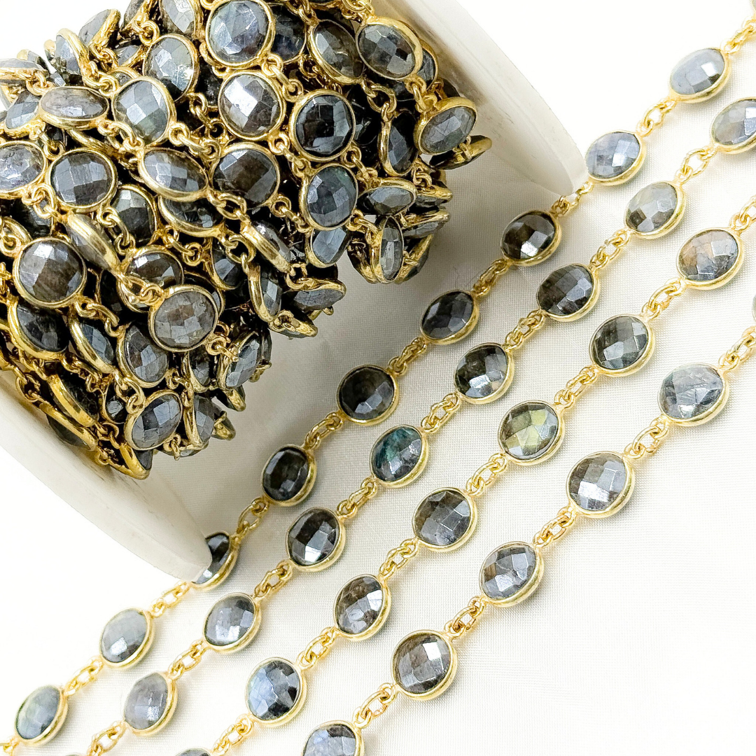 Coated Labradorite Round Shape Bezel Gold Plated Wire Chain.
