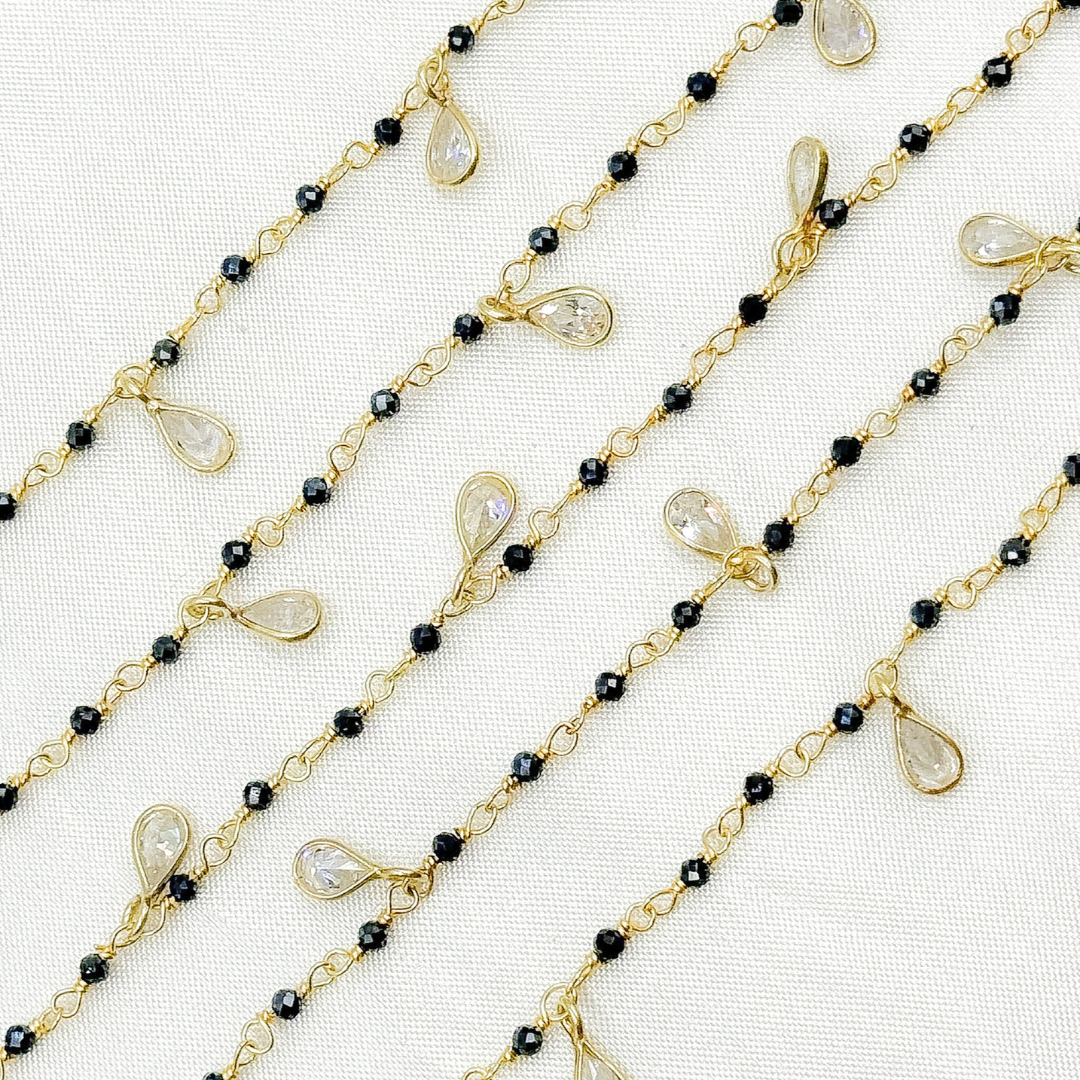 Coated Black Spinel & CZ Dangle Gold Plated Wire Chain