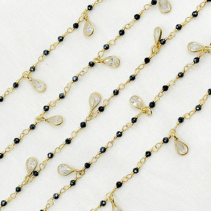 Coated Black Spinel & CZ Dangle Gold Plated Wire Chain