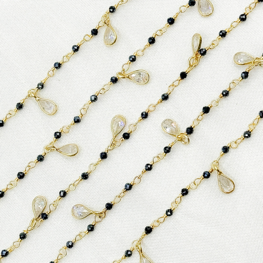 Coated Black Spinel & CZ Dangle Gold Plated Wire Chain