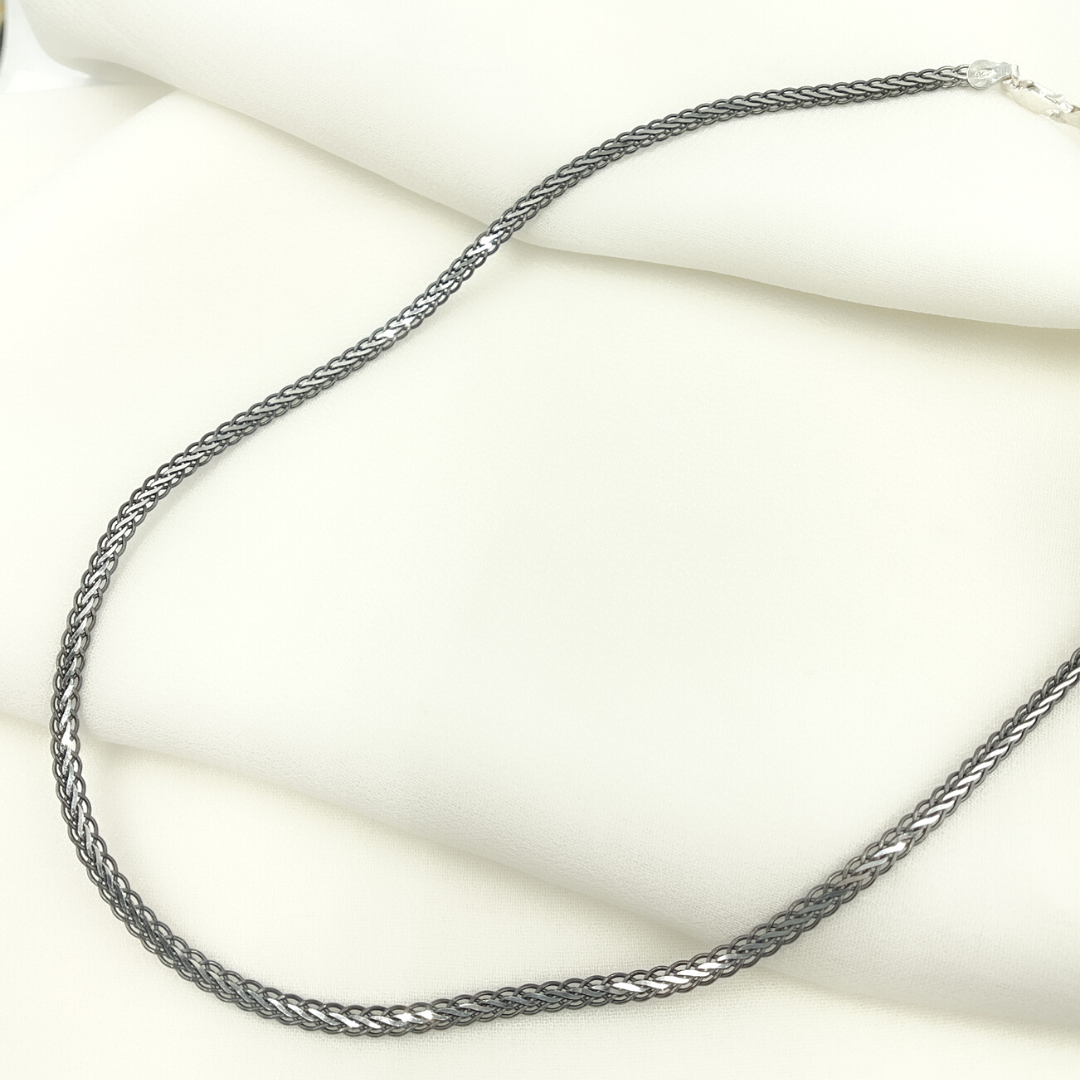 0502213SB. Black Rhodium and White Sterling Silver Flat Wheat Necklace