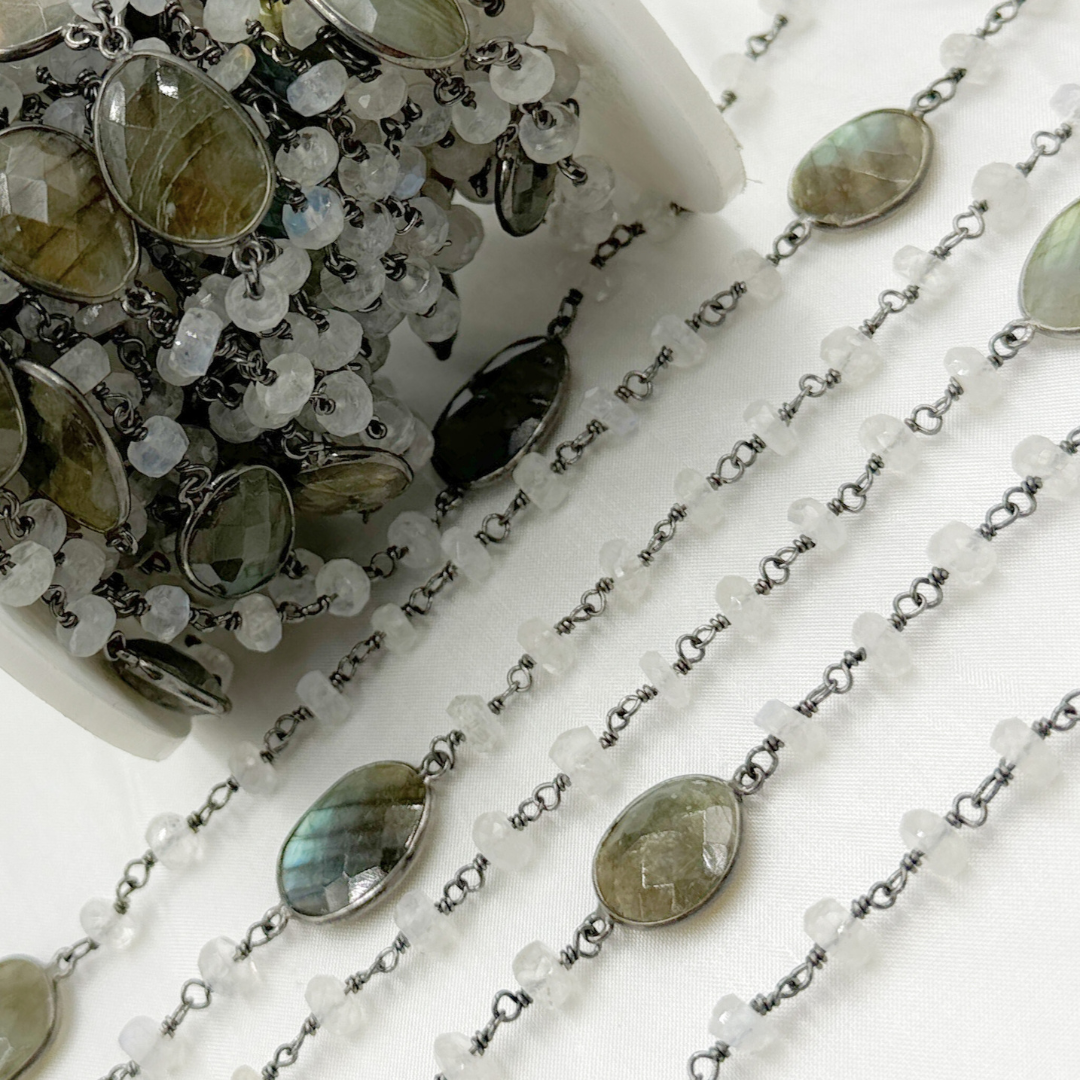 Rondel Moonstone & Coin Labradorite Oxidized 925 Sterling Silver Wire Chain.
