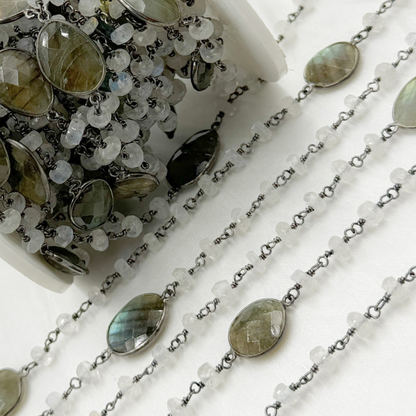 Rondel Moonstone & Coin Labradorite Oxidized 925 Sterling Silver Wire Chain.