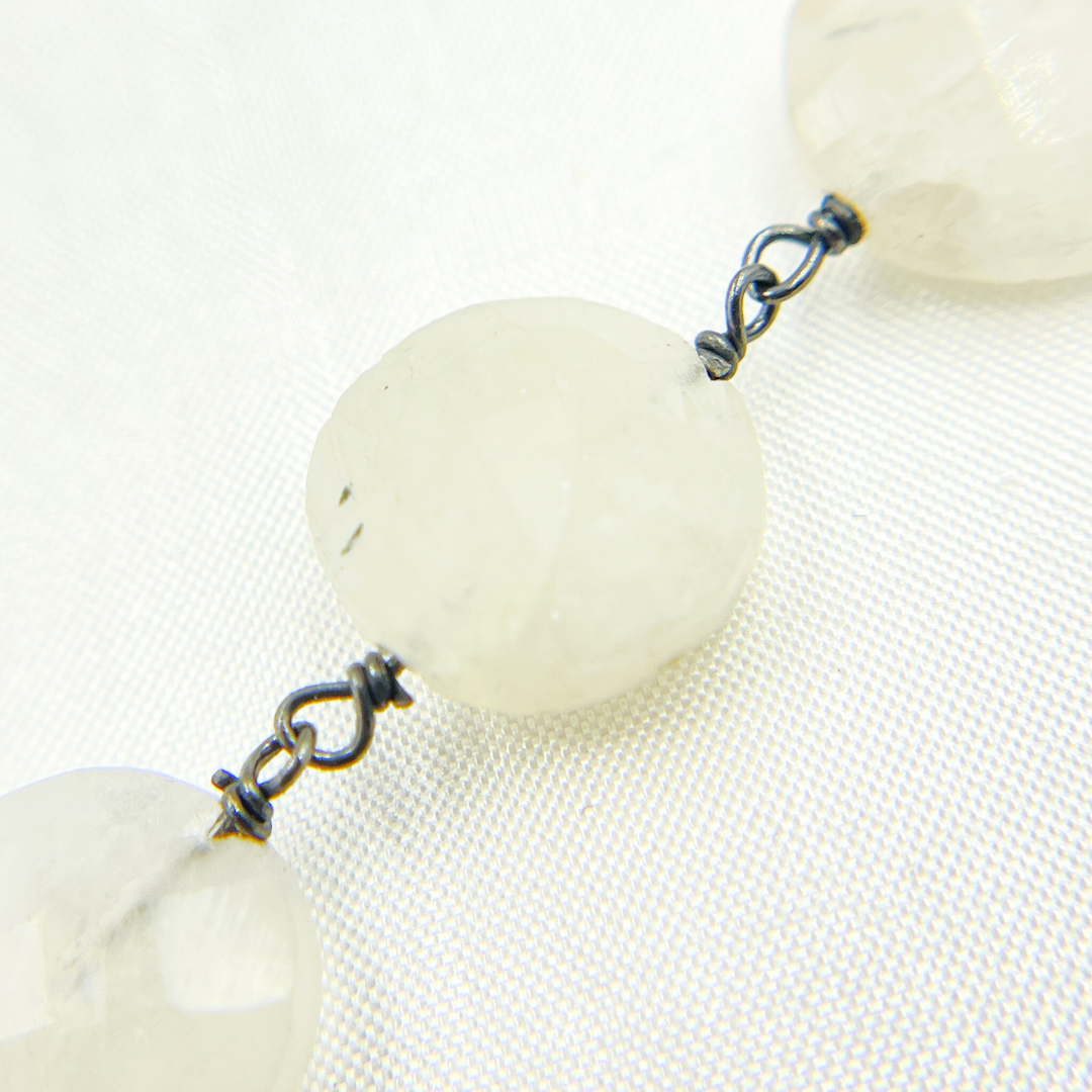 White Moonstone Coin Shape Oxidized Wire Chain.