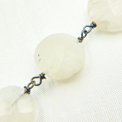 White Moonstone Coin Shape Oxidized Wire Chain.