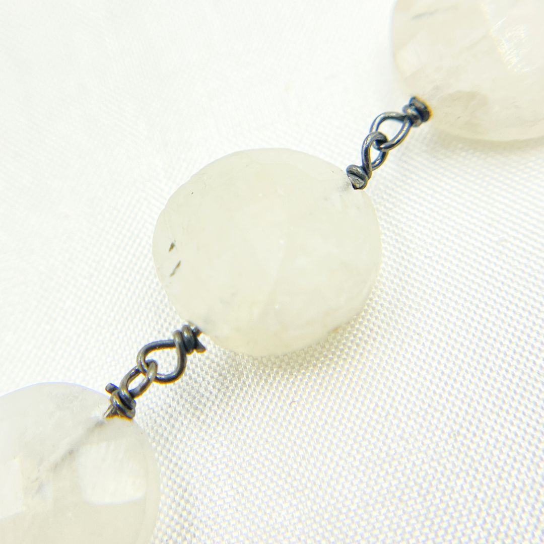White Moonstone Coin Shape Oxidized Wire Chain. WMS32