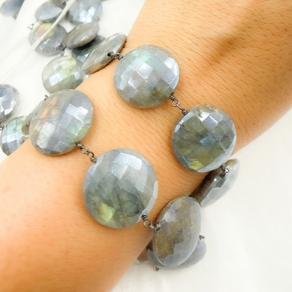 Coated Labradorite Coin Shape Oxidized Wire Chain