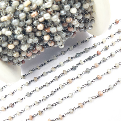 Coated Multi Moon stone Black Rhodium 925 Sterling Silver Wire Chain