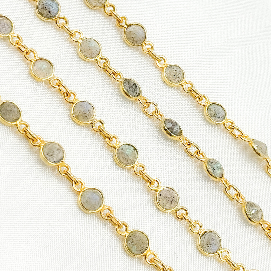 Labradorite Round Shape Bezel Gold Plated Wire Chain.