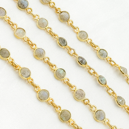 Labradorite Round Shape Bezel Gold Plated Wire Chain.