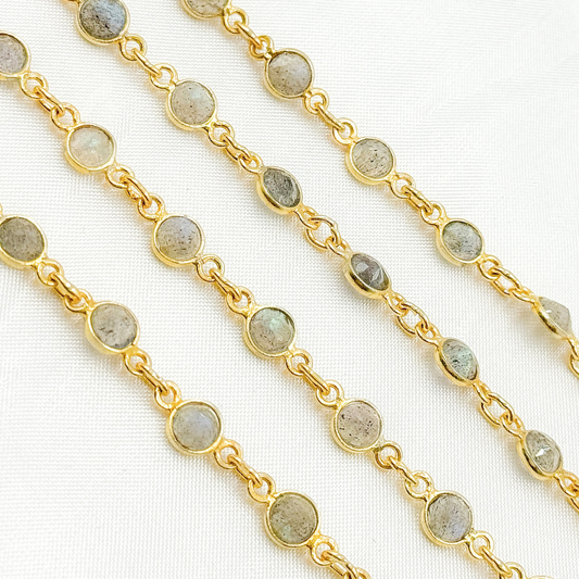 Labradorite Round Shape Bezel Gold Plated Wire Chain.