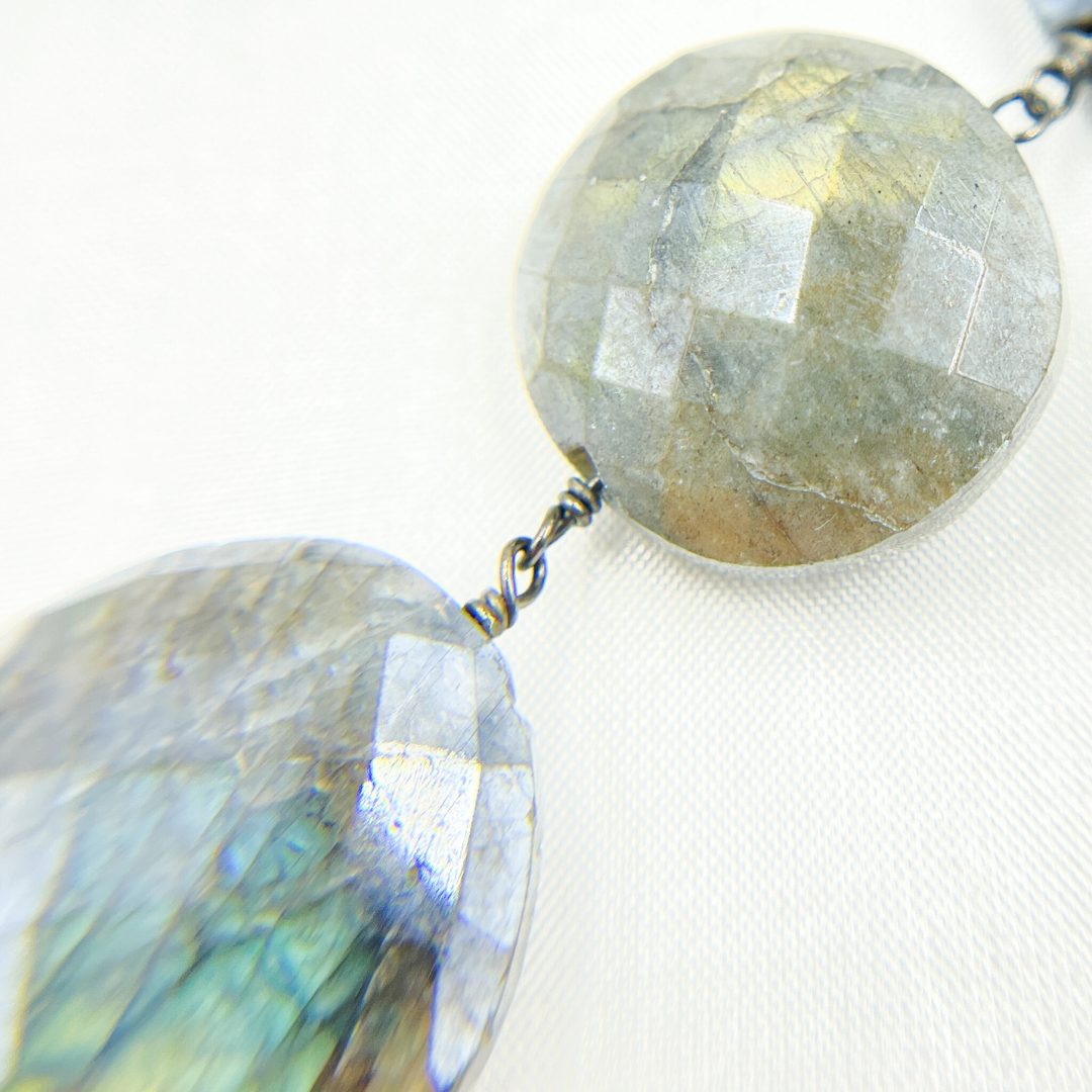 Coated Labradorite Coin Shape Oxidized Wire Chain. CLB46