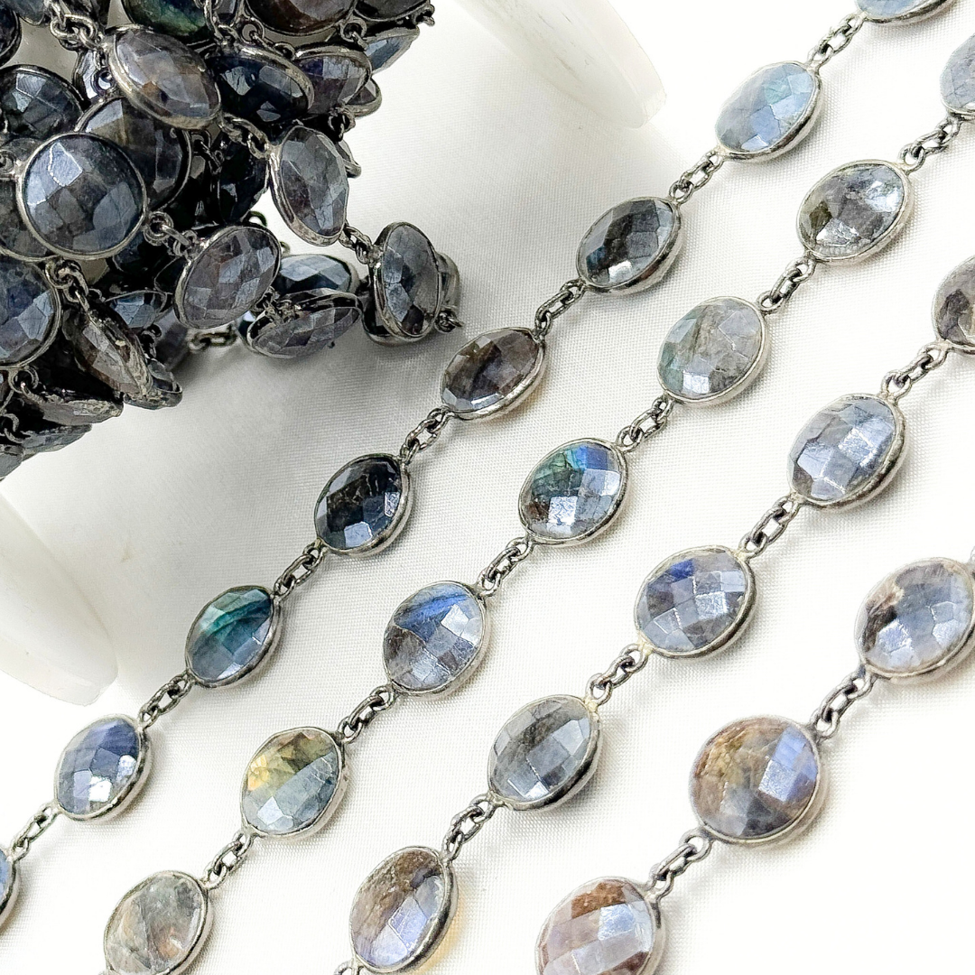 Coated Labradorite Round Shape Bezel Oxidized Wire Chain