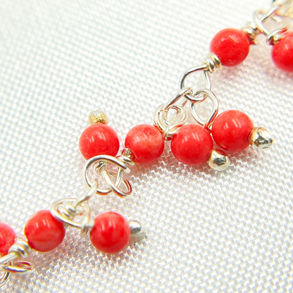 Red Coral Cluster Dangle 925 Sterling Silver Wire Chain.