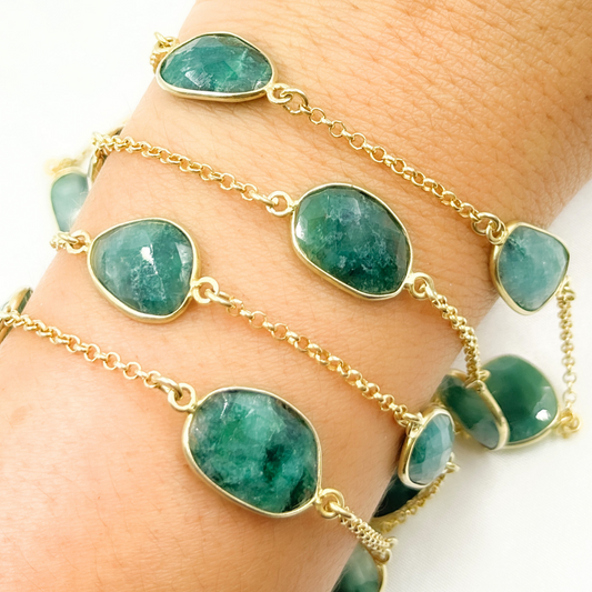 Dyed Emerald Organic Shape Bezel Gold Plated Connected Wire Chain