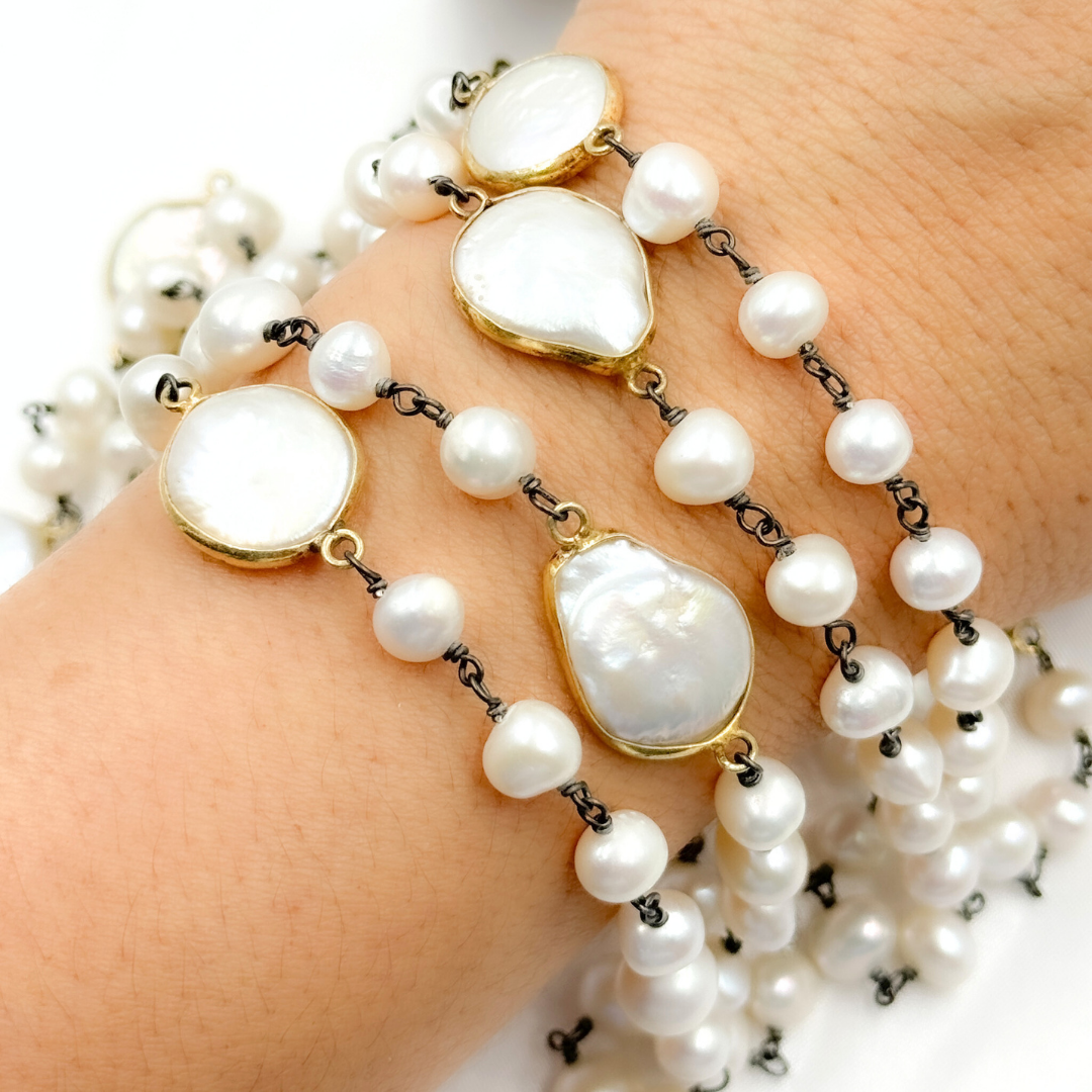 White Freshwater Pearl Organic and Round Shape Oxidized Wire Wrap Chain. PRL24