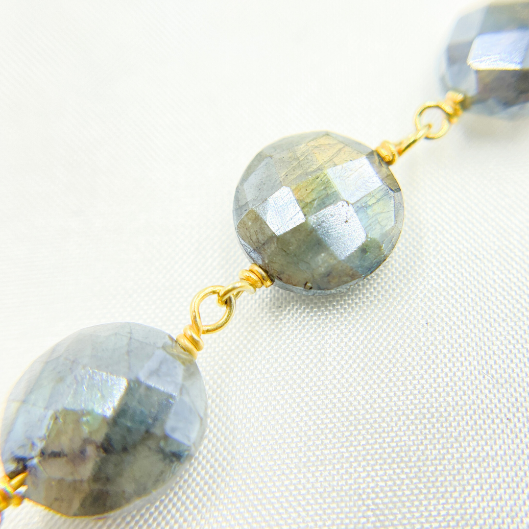 Coated Labradorite Rondel Smooth Gold Plated Wire Chain.